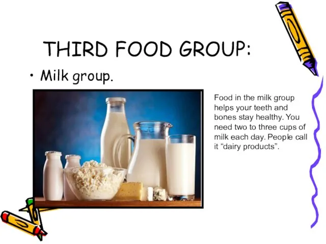 THIRD FOOD GROUP: Milk group. Food in the milk group