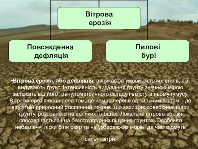 Вітрова ерозія, або дефляція, виникає за умови сильних вітрів, які