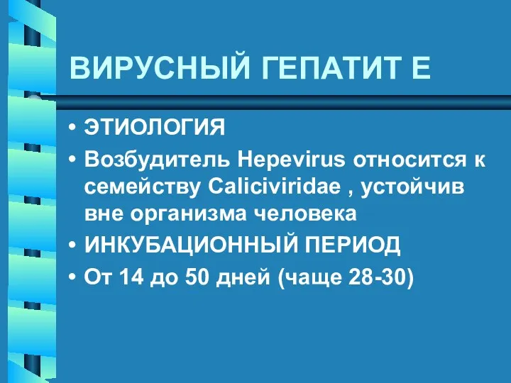 ВИРУСНЫЙ ГЕПАТИТ E ЭТИОЛОГИЯ Возбудитель Hepevirus относится к семейству Caliciviridae