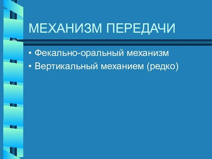 МЕХАНИЗМ ПЕРЕДАЧИ Фекально-оральный механизм Вертикальный механием (редко)