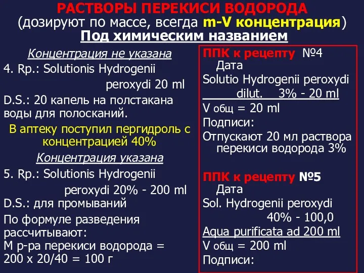 РАСТВОРЫ ПЕРЕКИСИ ВОДОРОДА (дозируют по массе, всегда m-V концентрация) Под