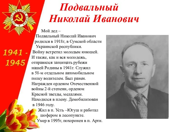Подвальный Николай Иванович Мой дед – Подвальный Николай Иванович родился в 1918г, в