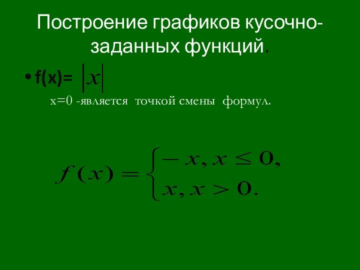 Построение графиков кусочно-заданных функций. f(x)= x=0 -является точкой смены формул.