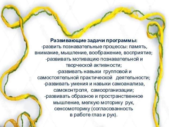 Развивающие задачи программы: -развить познавательные процессы: память, внимание, мышление, воображение,