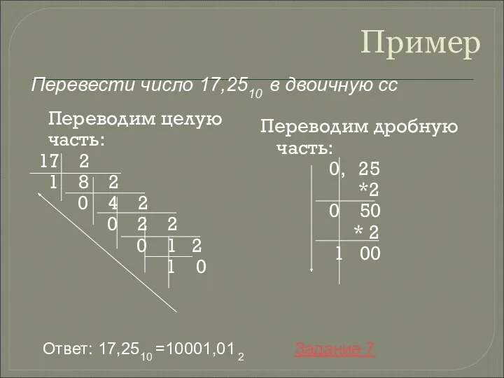 Пример Переводим целую часть: 17 2 1 8 2 0