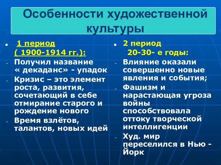 1 период ( 1900-1914 гг.): Получил название « декаданс» -