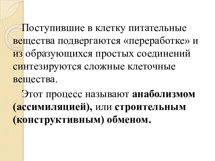 Поступившие в клетку питательные вещества подвергаются «переработке» и из образующихся