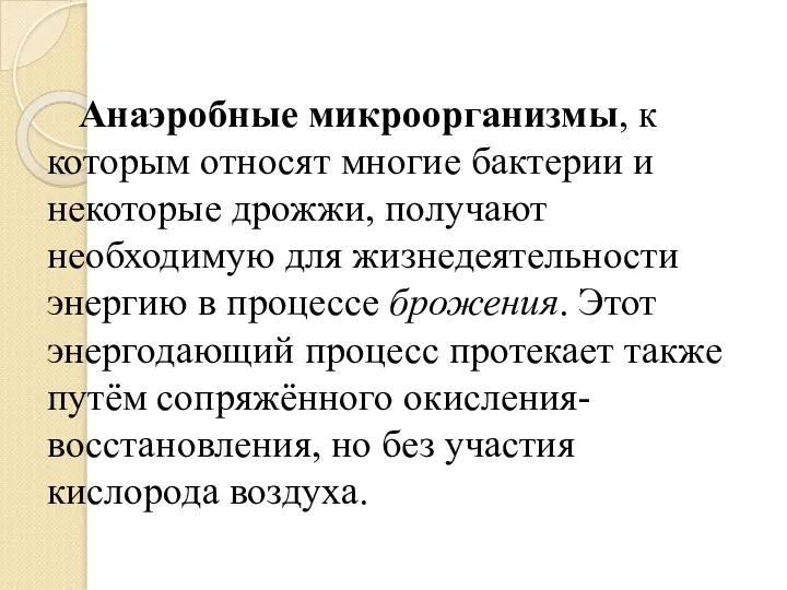 Анаэробные микроорганизмы, к которым относят многие бактерии и некоторые дрожжи,