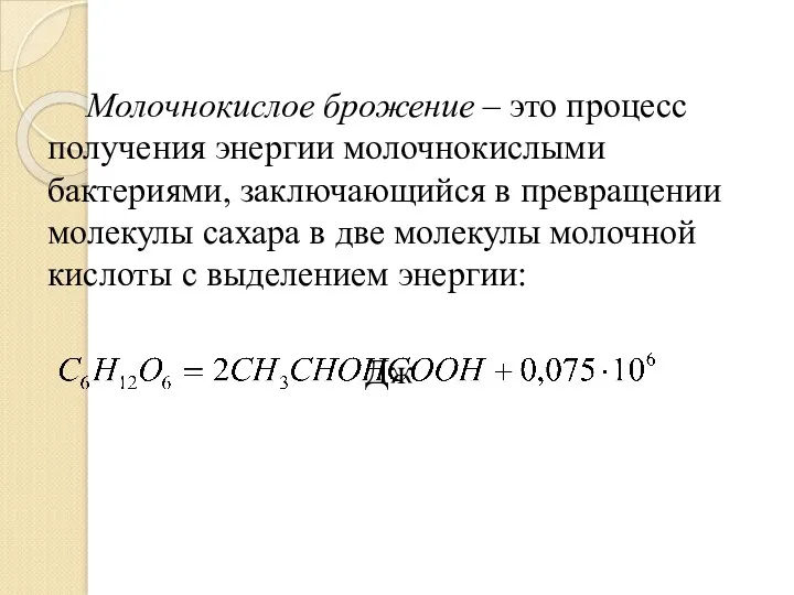 Молочнокислое брожение – это процесс получения энергии молочнокислыми бактериями, заключающийся