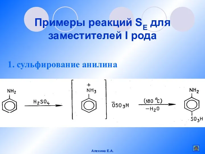 Примеры реакций SE для заместителей I рода 1. сульфирование анилина Алехина Е.А.