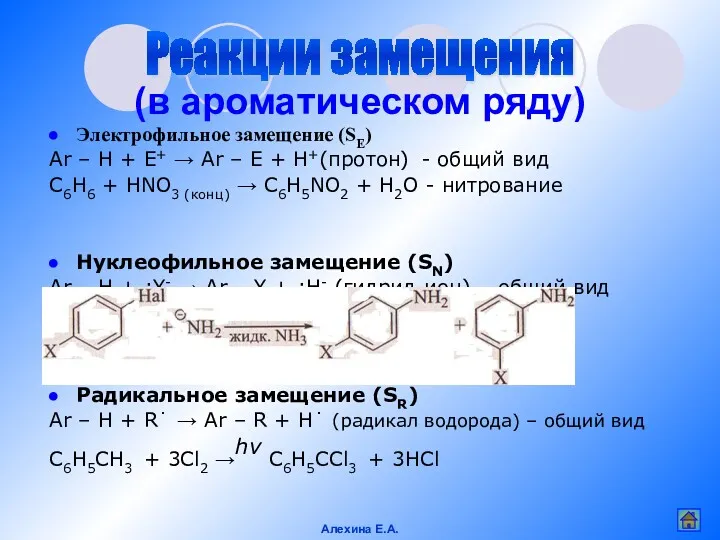 Электрофильное замещение (SE) Ar – H + E+ → Ar