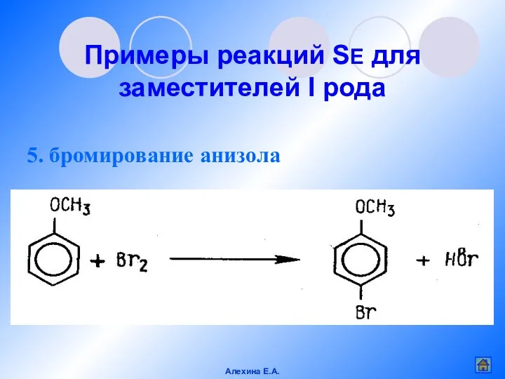 5. бромирование анизола Примеры реакций SE для заместителей I рода Алехина Е.А.