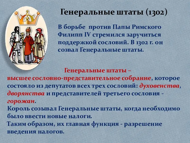 Генеральные штаты (1302) В борьбе против Папы Римского Филипп IV