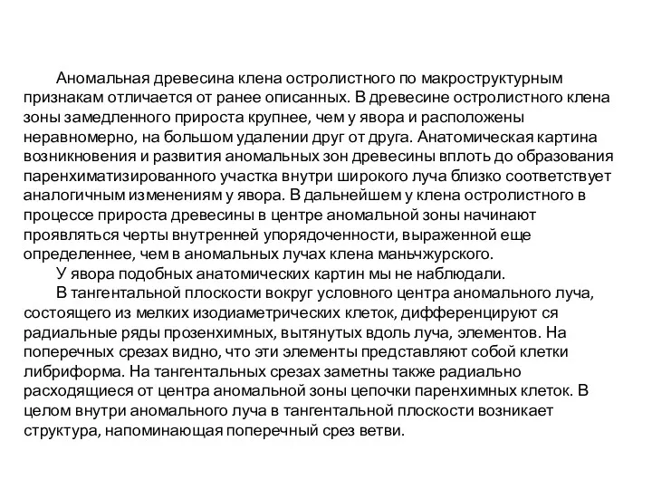 Аномальная древесина клена остролистного по макроструктурным признакам отличается от ранее