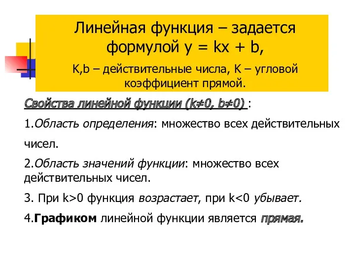 Линейная функция – задается формулой y = kx + b,