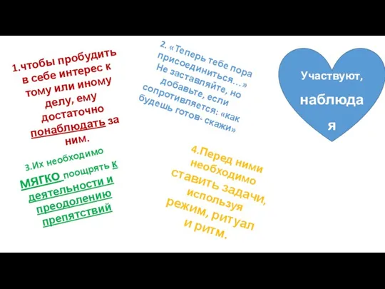 2.Участвуют, наблюдая 1.чтобы пробудить в себе интерес к тому или