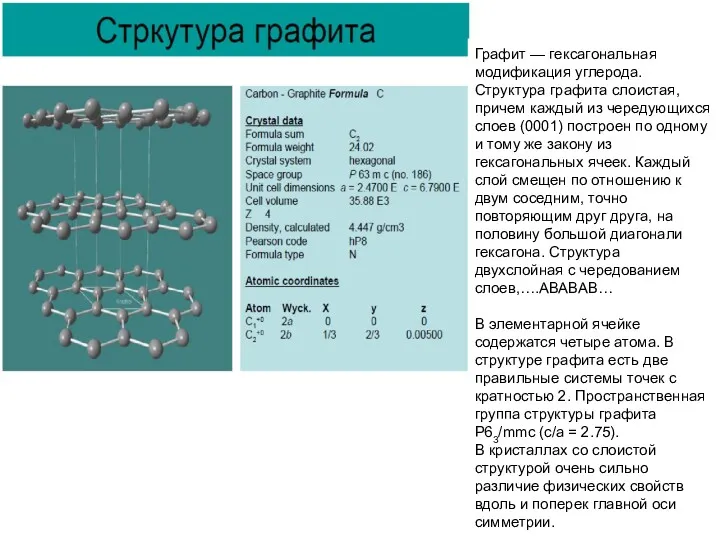 Графит — гексагональная модификация углерода. Структура графита слоистая, причем каждый