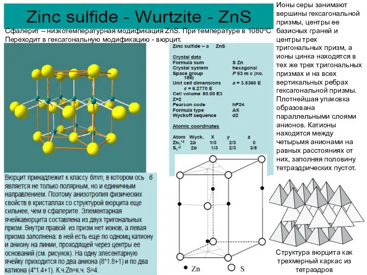 Ионы серы занимают вершины гексагональной призмы, центры ее базисных граней