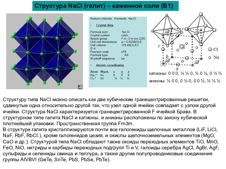 Структура NaCl (галит) – каменной соли (B1) Структуру типа NaCl