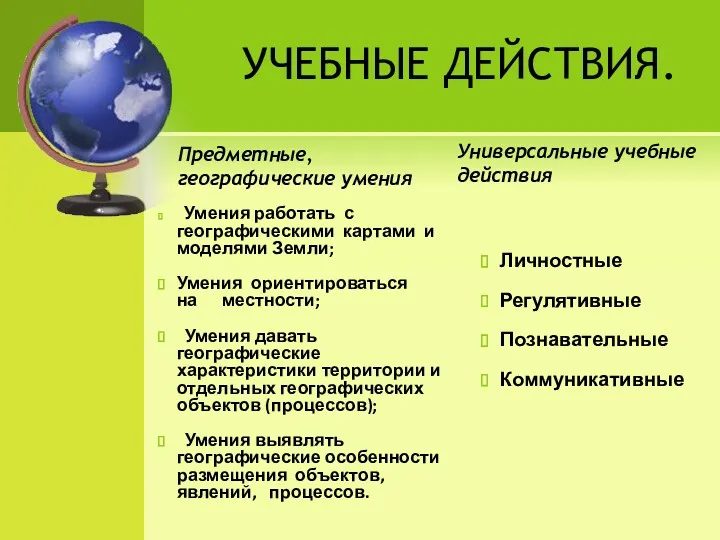 УЧЕБНЫЕ ДЕЙСТВИЯ. Предметные, географические умения Умения работать с географическими картами