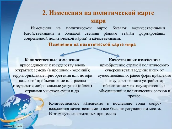 2. Изменения на политической карте мира Изменения на политической карте