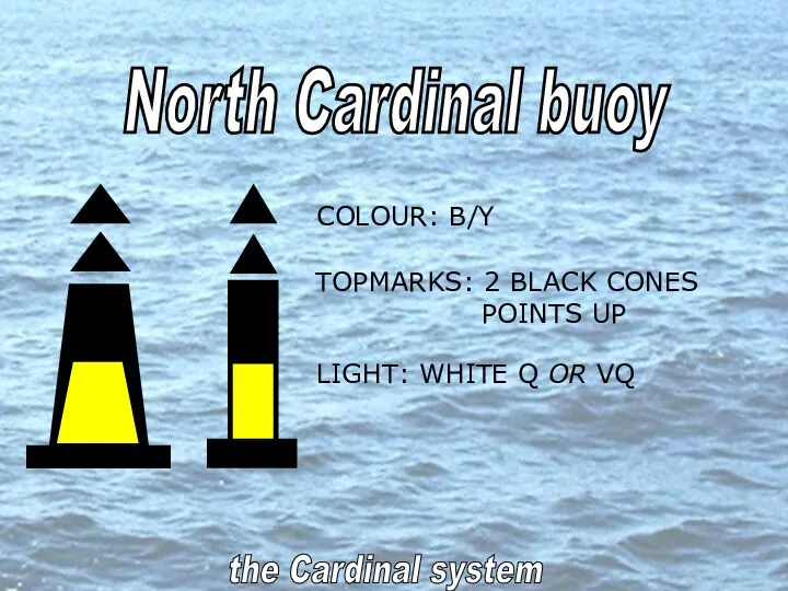 North Cardinal buoy the Cardinal system COLOUR: B/Y TOPMARKS: 2