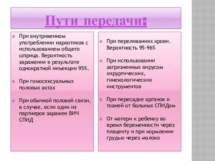 Пути передачи: При внутривенном употреблении наркотиков с использованием общего шприца.