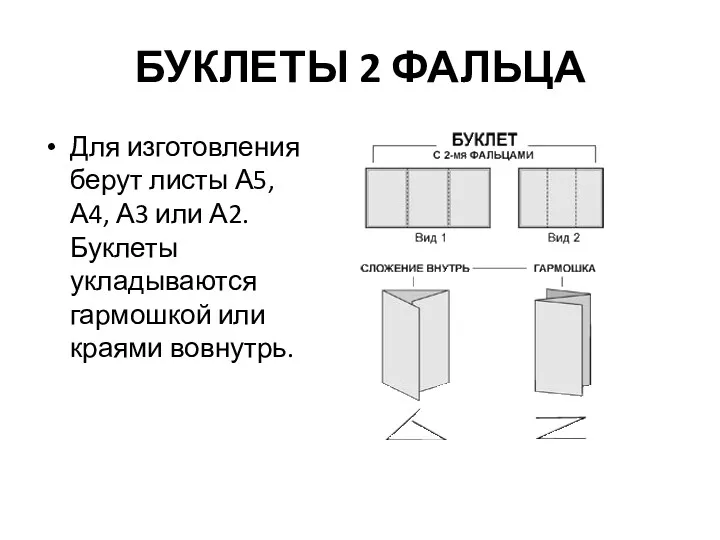 БУКЛЕТЫ 2 ФАЛЬЦА Для изготовления берут листы А5, А4, А3