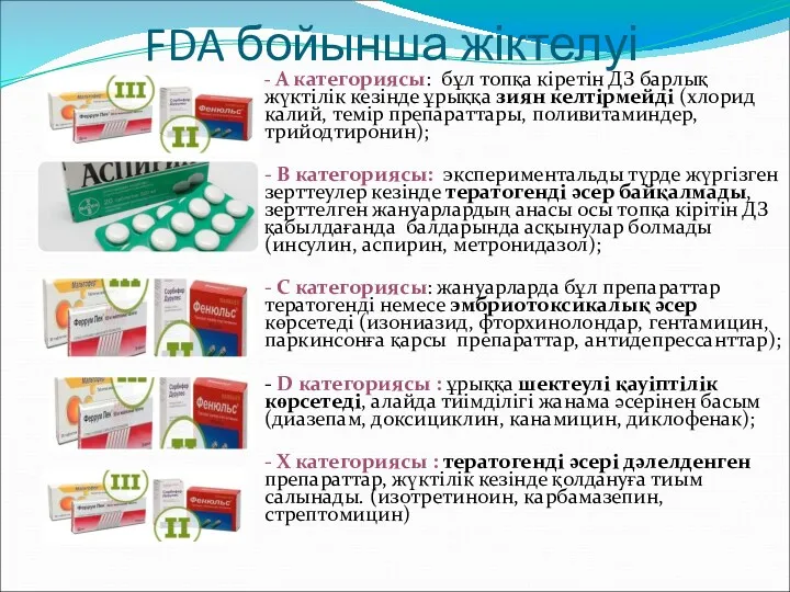FDA бойынша жіктелуі - А категориясы: бұл топқа кіретін ДЗ барлық жүктілік кезінде