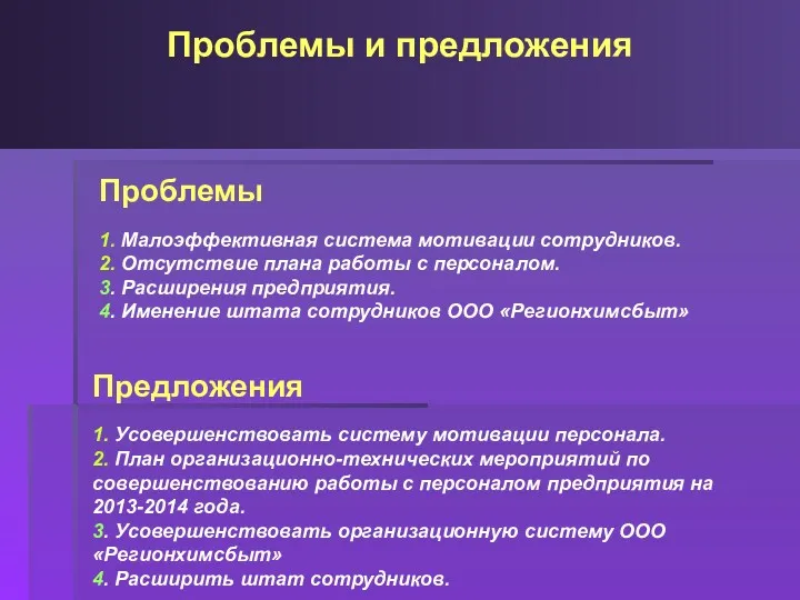 Проблемы и предложения Проблемы 1. Малоэффективная система мотивации сотрудников. 2.