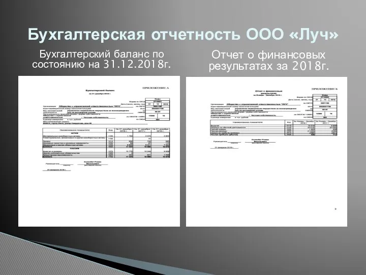 Бухгалтерская отчетность ООО «Луч» Бухгалтерский баланс по состоянию на 31.12.2018г. Отчет о финансовых результатах за 2018г.