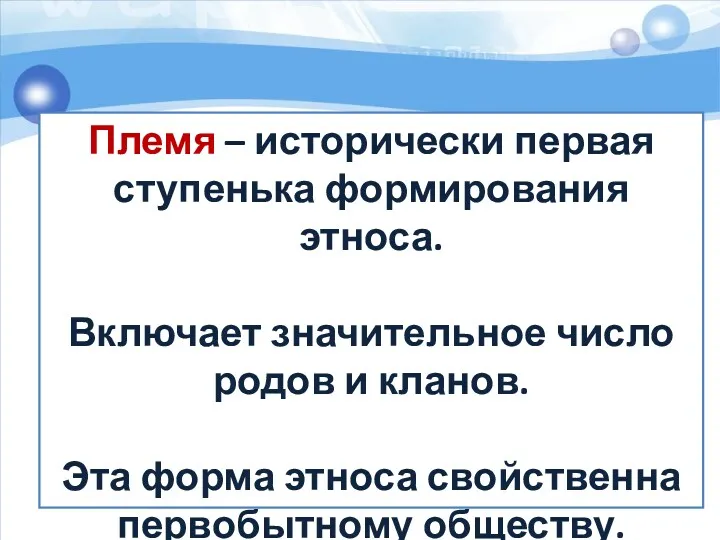 Племя – исторически первая ступенька формирования этноса. Включает значительное число