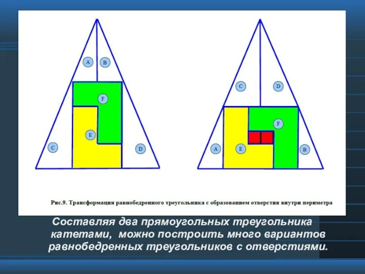 Составляя два прямоугольных треугольника катетами, можно построить много вариантов равнобедренных треугольников с отверстиями.