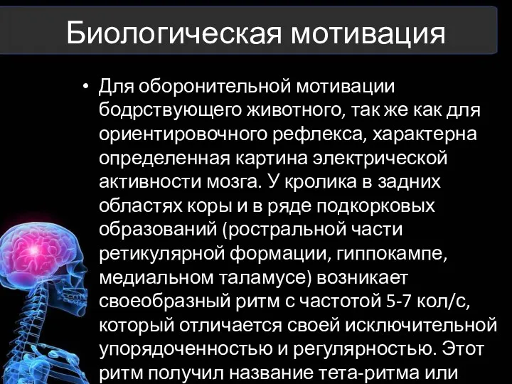 Биологическая мотивация Для оборонительной мотивации бодрствующего животного, так же как