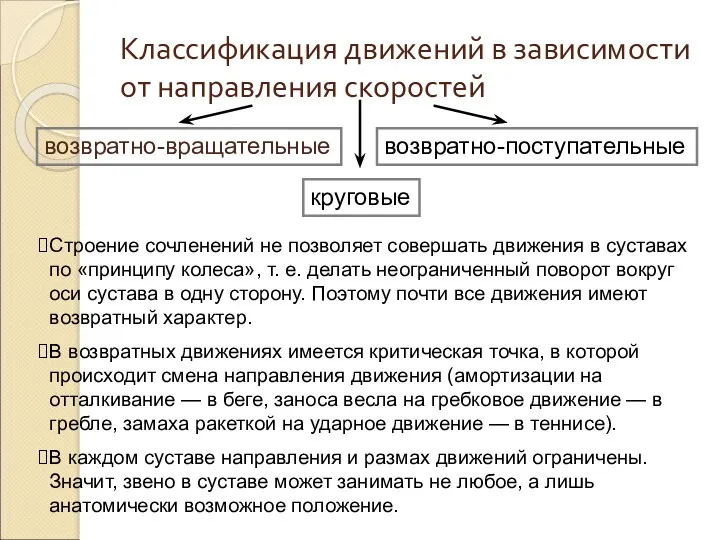 Классификация движений в зависимости от направления скоростей возвратно-вращательные возвратно-поступательные круговые