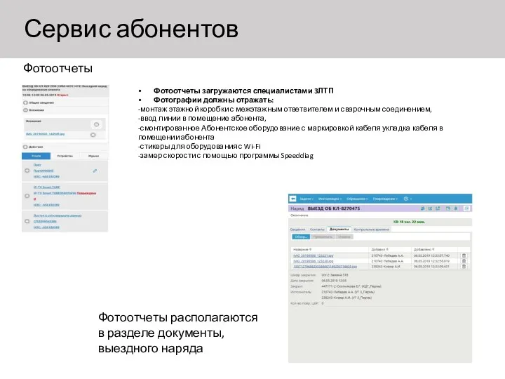 Сервис абонентов Фотоотчеты Фотоотчеты загружаются специалистами 3ЛТП Фотографии должны отражать: