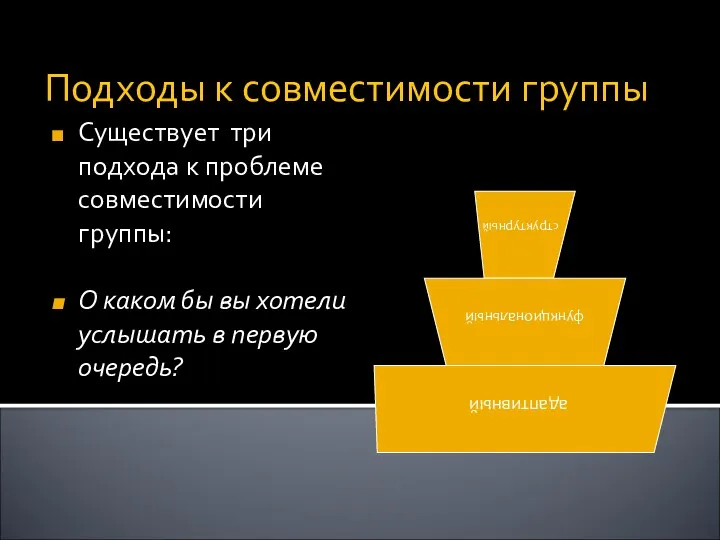 Подходы к совместимости группы Существует три подхода к проблеме совместимости