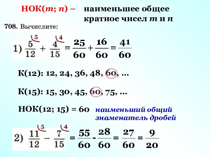 НОК(m; n) – наименьшее общее кратное чисел m и n К(12): 12, 24,