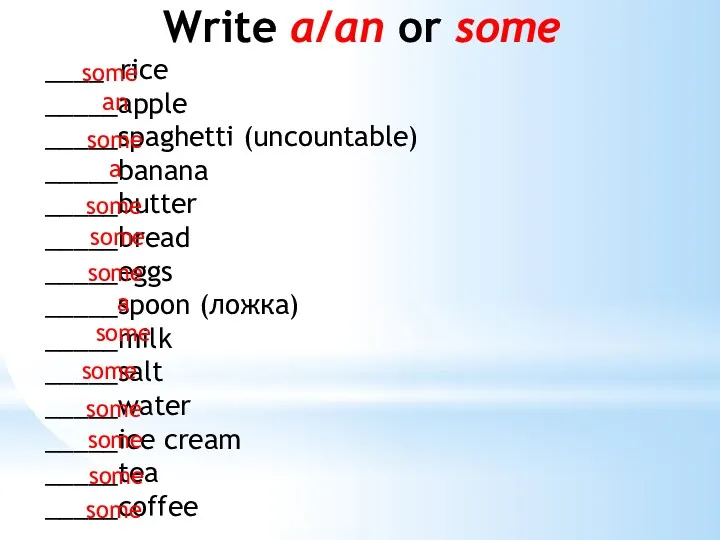 Write a/an or some ____ rice _____apple _____spaghetti (uncountable) _____banana