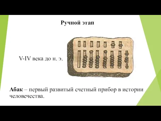 Абак – первый развитый счетный прибор в истории человечества. V-IV века до н. э. Ручной этап