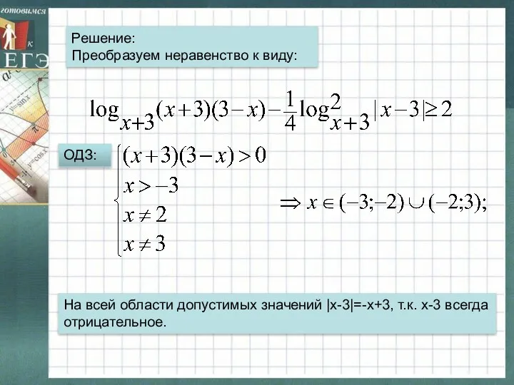 ОДЗ: На всей области допустимых значений |x-3|=-x+3, т.к. х-3 всегда отрицательное. Решение: Преобразуем неравенство к виду: