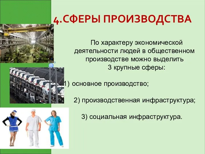 4.СФЕРЫ ПРОИЗВОДСТВА По характеру экономической деятельности людей в общественном производстве