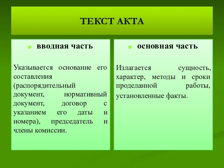 ТЕКСТ АКТА вводная часть Указывается основание его составления (распорядительный документ,