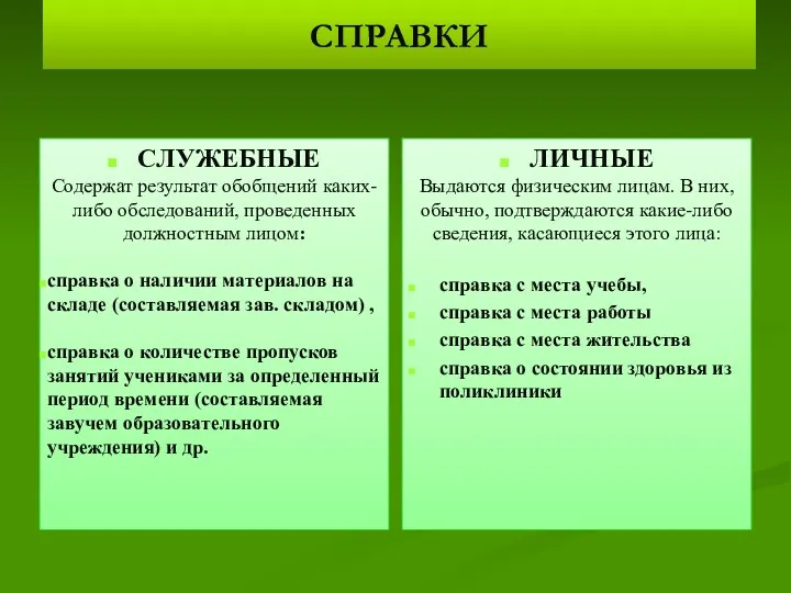 СПРАВКИ СЛУЖЕБНЫЕ Содержат результат обобщений каких-либо обследований, проведенных должностным лицом: