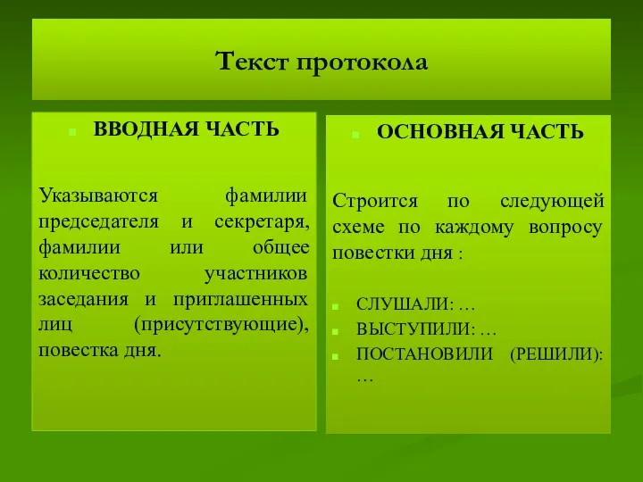 Текст протокола ВВОДНАЯ ЧАСТЬ Указываются фамилии председателя и секретаря, фамилии