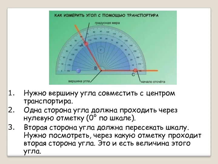 Нужно вершину угла совместить с центром транспортира. Одна сторона угла