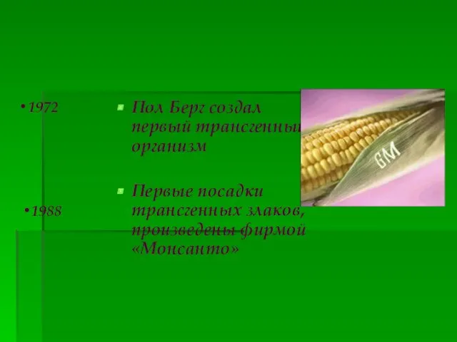 Пол Берг создал первый трансгенный организм Первые посадки трансгенных злаков, произведены фирмой «Монсанто» 1972 1988
