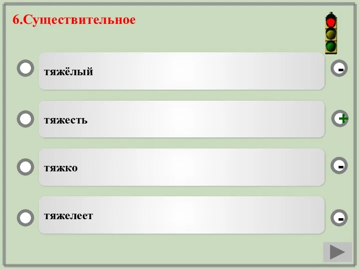 6.Существительное тяжёлый тяжесть тяжко тяжелеет - - + -