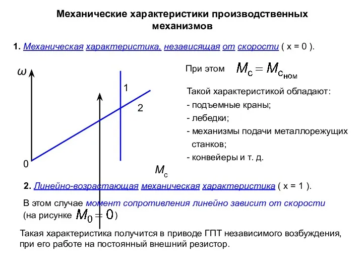 Механические характеристики производственных механизмов 1. Механическая характеристика, независящая от скорости