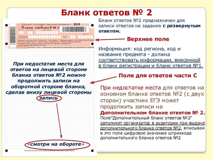 Верхнее поле Поле для ответов части С При недостатке места для ответов на